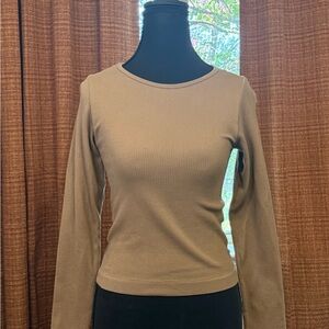 Aura Tan Ribbed Long Sleeve Blouse